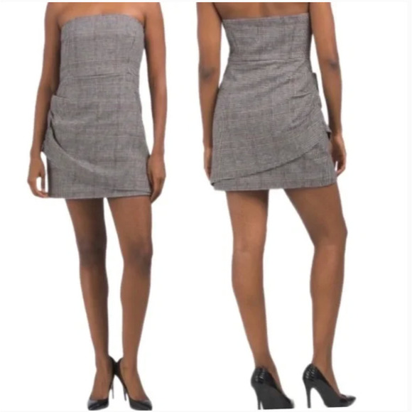HOUSE OF HARLOW 1960 Wool Plaid Strapless Mini Dress S 4 6 Black Red 90s Y2K - Picture 1 of 5